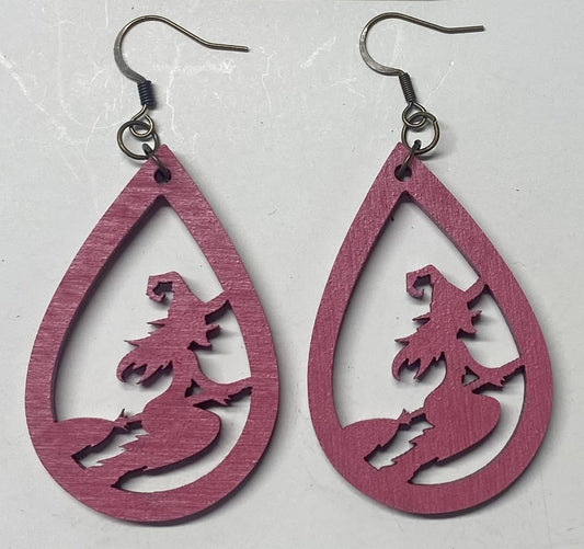 Witch on Broom Teardrop Wood Earrings, Pink