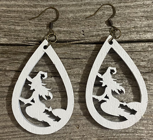 Witch on Broom Teardrop Wood Earrings, White