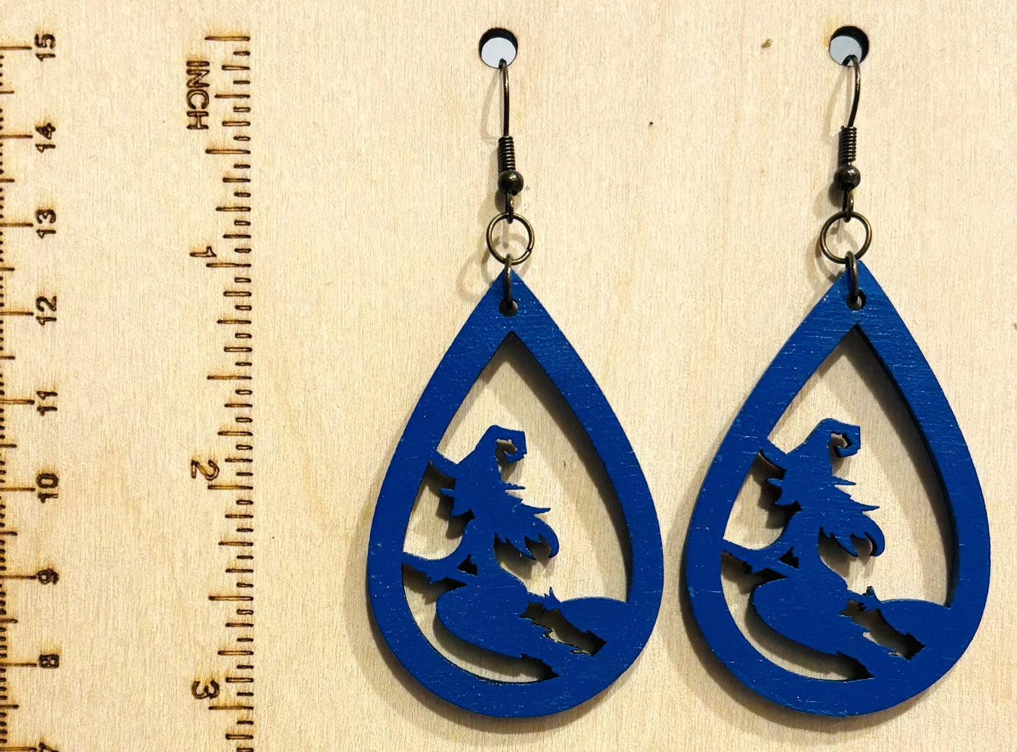 Witch on Broom Teardrop Wood Earrings, Blue