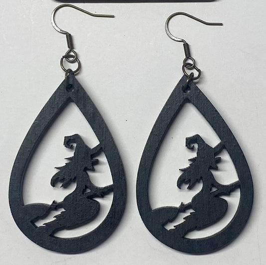 Witch on Broom Teardrop Wood Earrings, Black