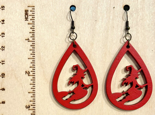 Witch on Broom Teardrop Wood Earrings, Red