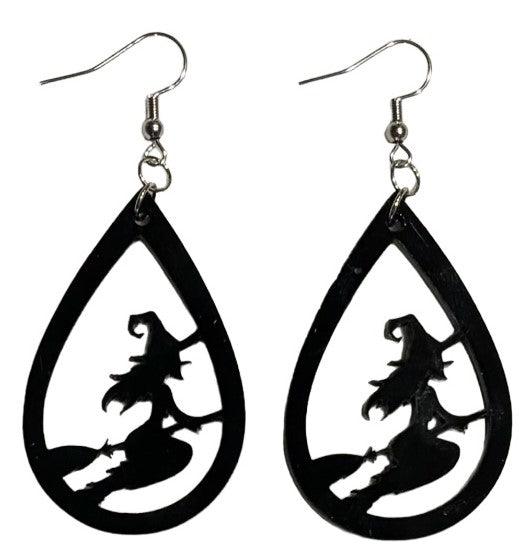 Witch on Broom Teardrop Acrylic Earrings, Black