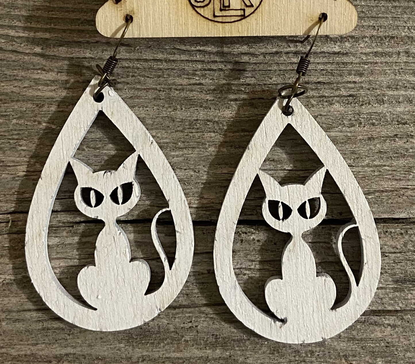 Cat Teardrop Wood Earrings, White