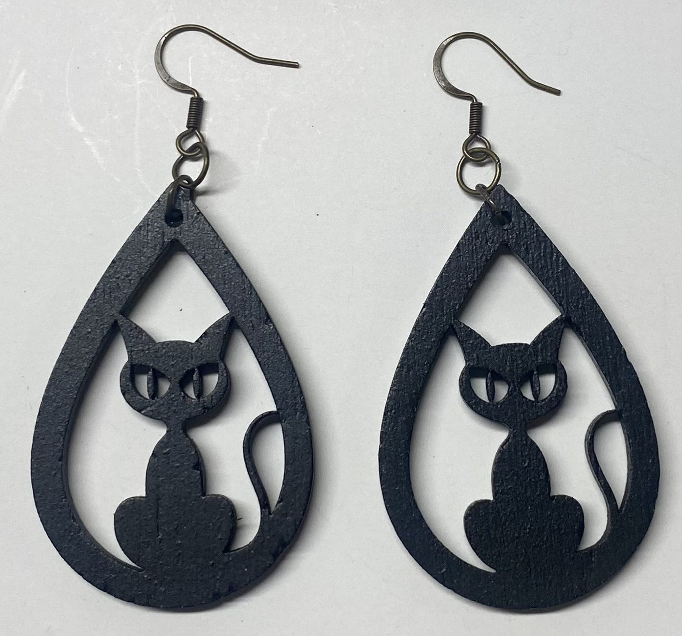 Cat Teardrop Wood Earrings, Black