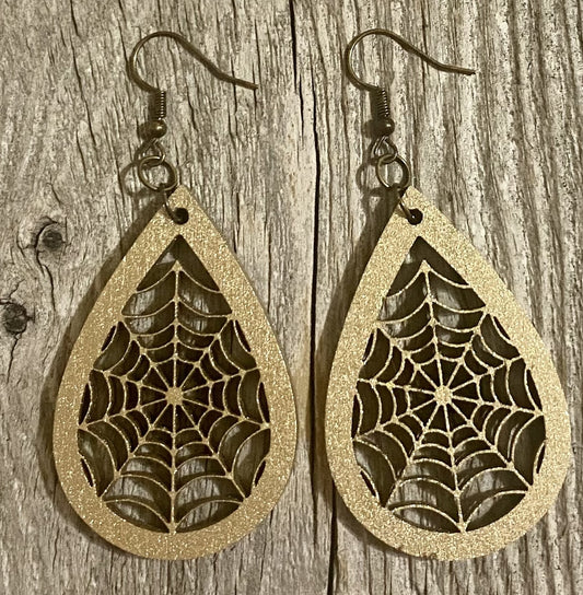 Spider Web Teardrop Wood Earrings, Old Gold