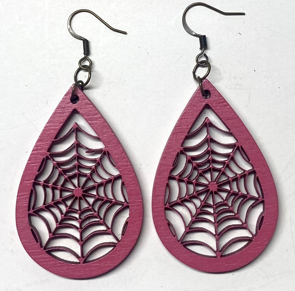 Spider Web Teardrop Wood Earrings, Pink