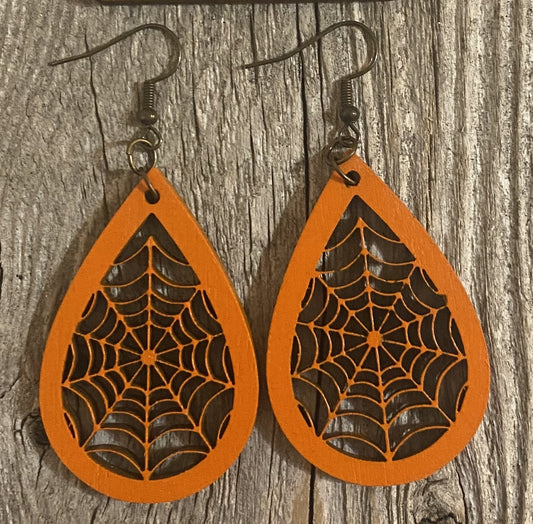 Spider Web Teardrop Wood Earrings, Orange