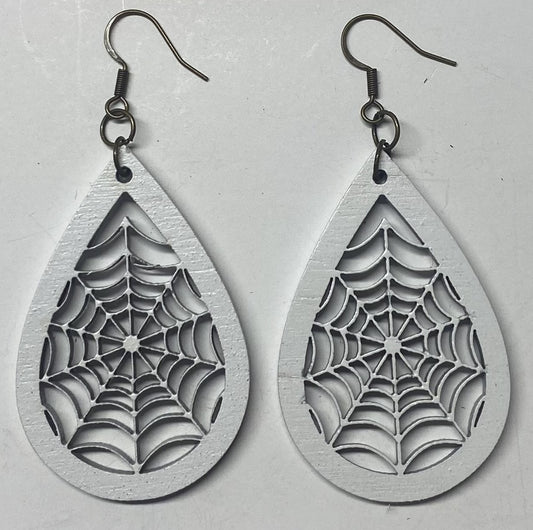 Spider Web Teardrop Wood Earrings, White