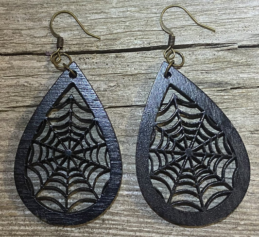 Spider Web Teardrop Wood Earrings, Black