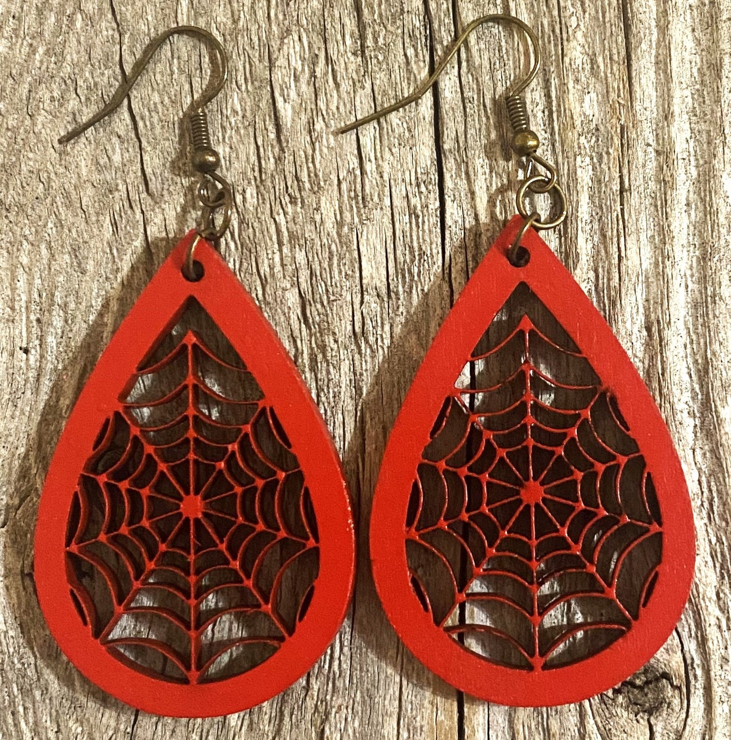 Spider Web Teardrop Wood Earrings, Apple Red