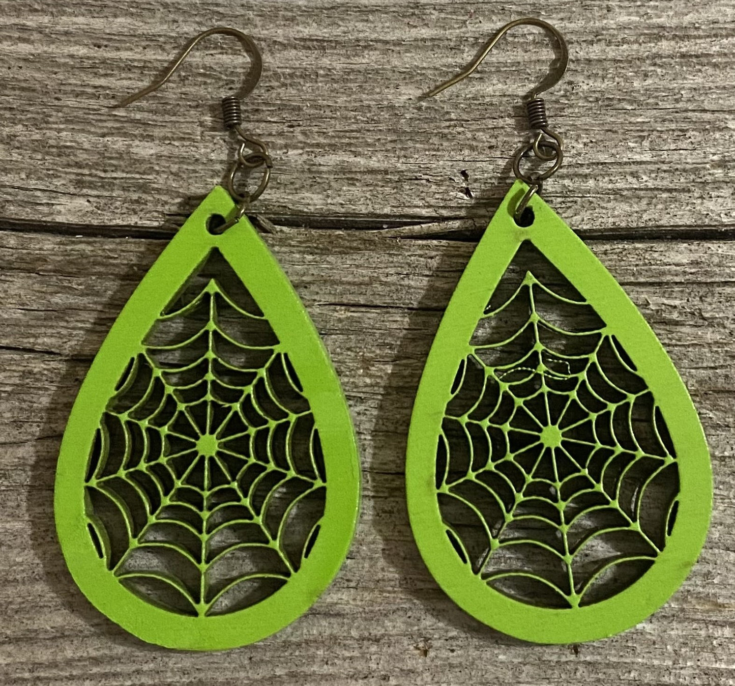 Spider Web Teardrop Wood Earrings, Green