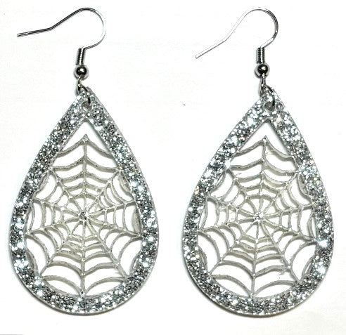 Spider Web Teardrop Acrylic Earrings, Silver Glitter