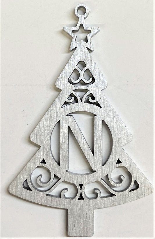 4" Monogram Christmas Tree Ornament N- Silver