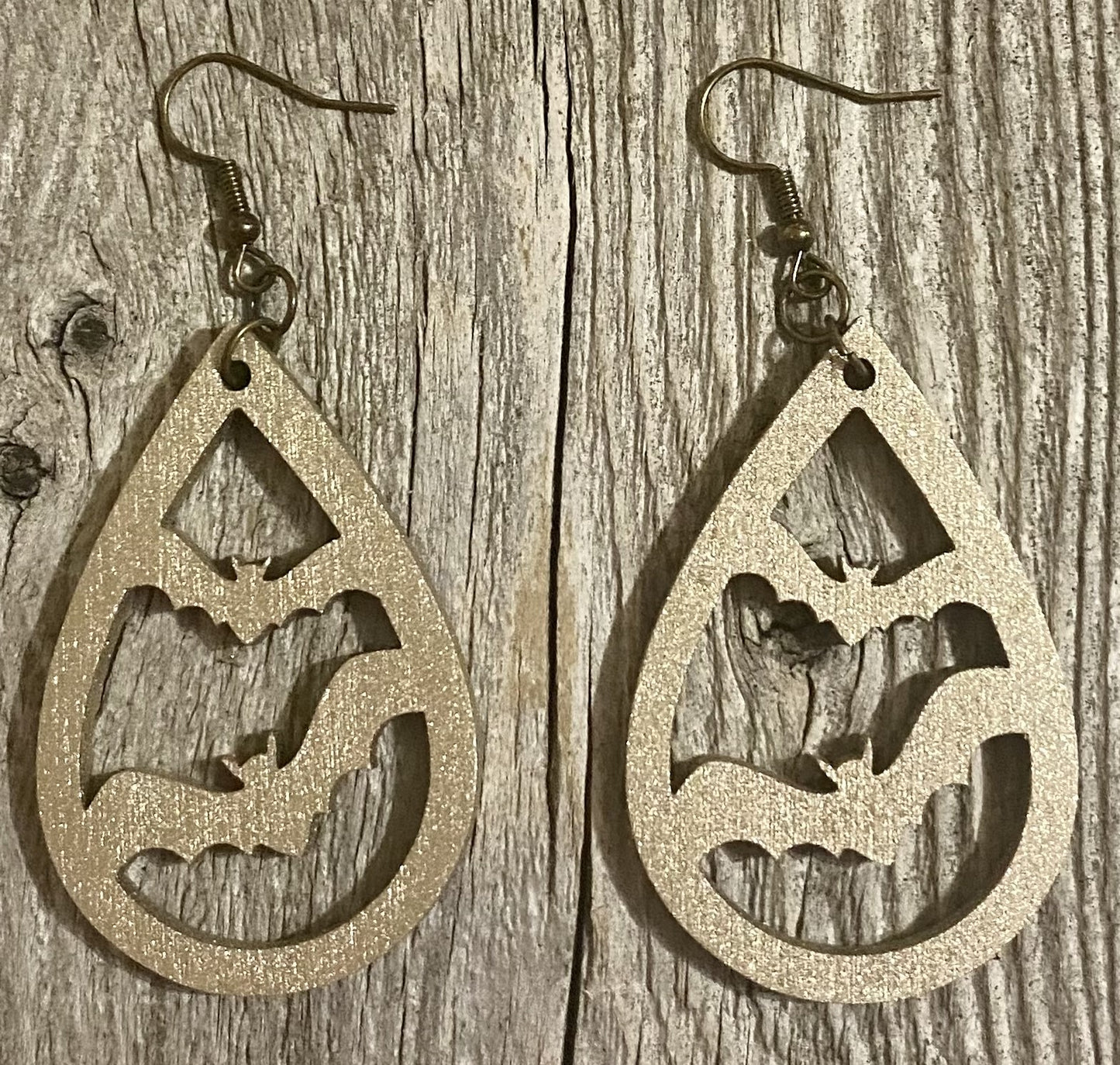 Bat Wood Earrings, Metallic Gold