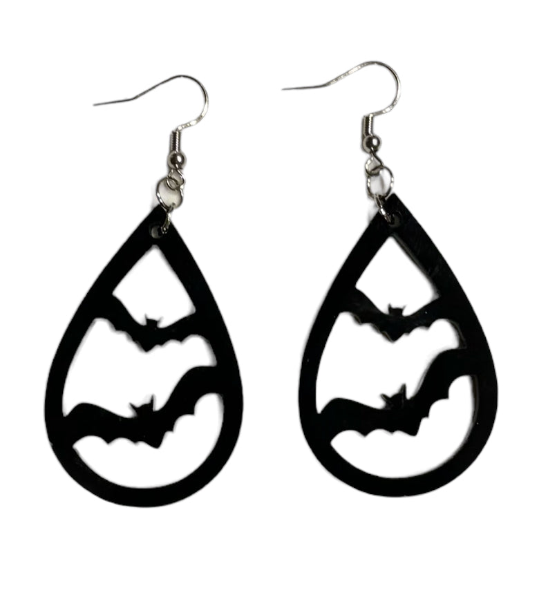 Bats Teardrop Acrylic Earrings, Black