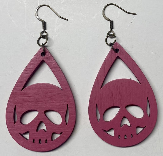 Skull  Wood Earrings, Pink