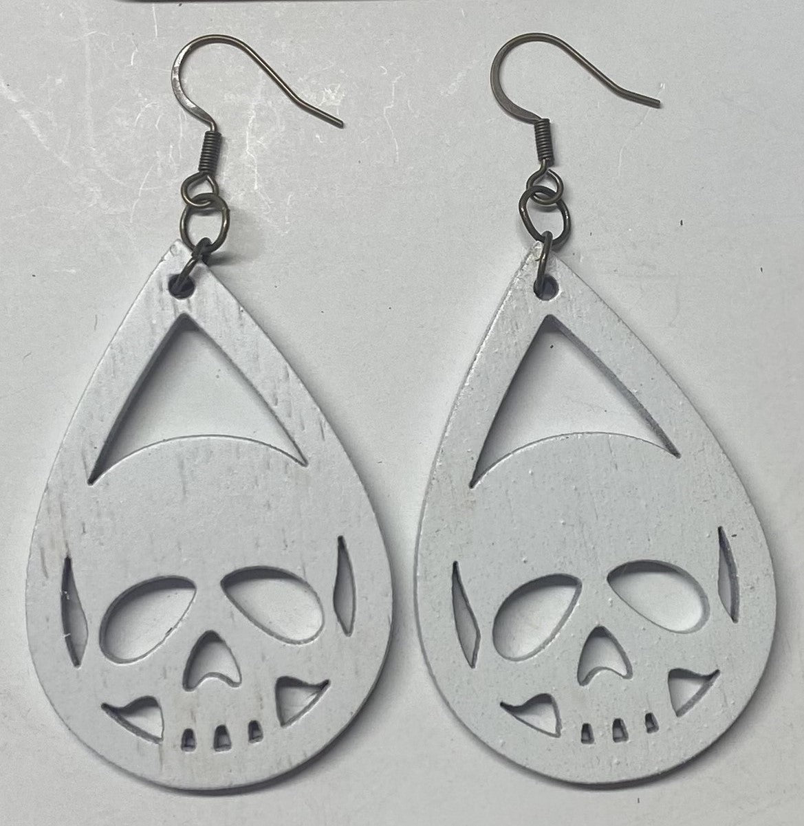 Skull Wood Earrings, White