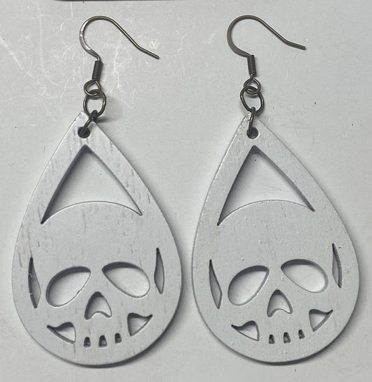 Skull Wood Earrings, White