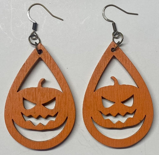 Jack-O-Lantern Wood Earrings, Orange