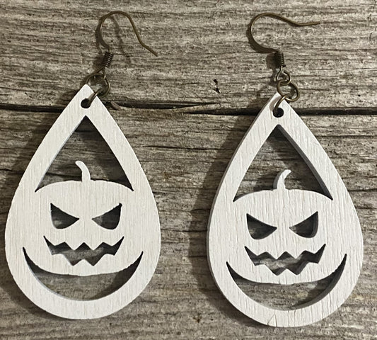 Jack-O-Lantern Wood Earrings, White