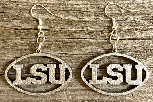 LSU Wood Earrings, Metallic Silver