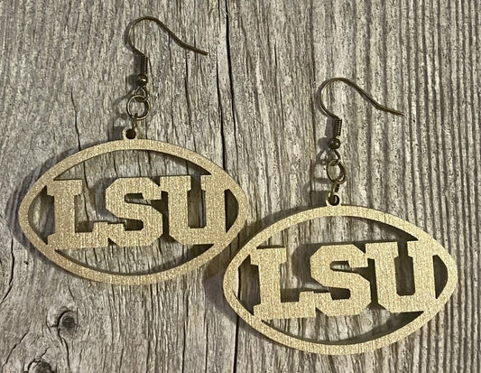 LSU Wood Earrings, Metallic Gold