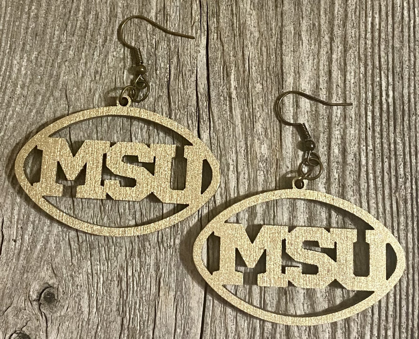 MSU Wood Earrings, Metallic Old Gold