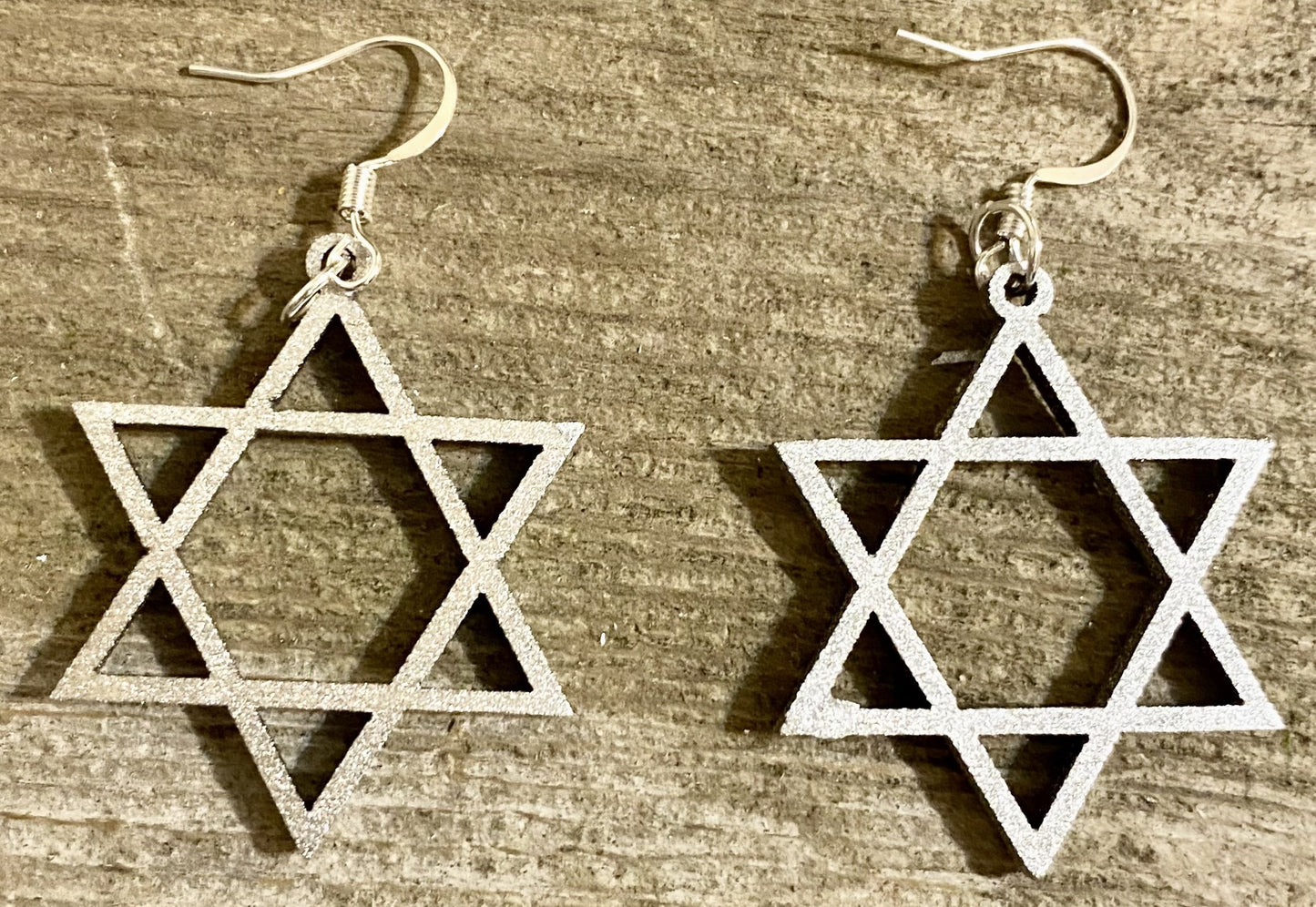 Star of David Silver Metallic Wood Earrings