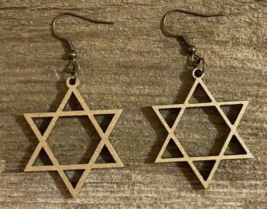 Star of David Wood Earrings, Metallic Pale Gold