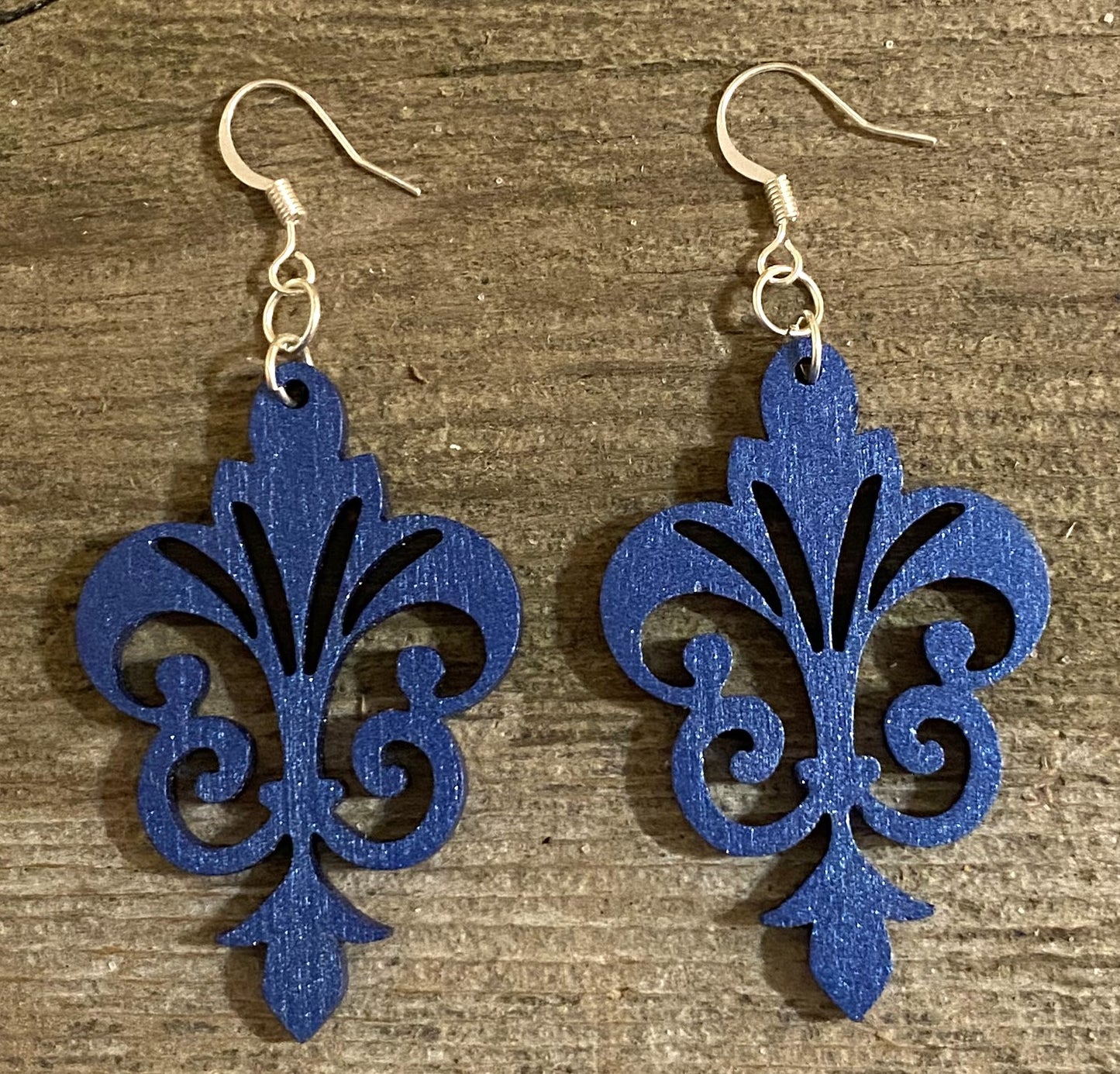 Decorative Wood Earrings, Blue Metallic