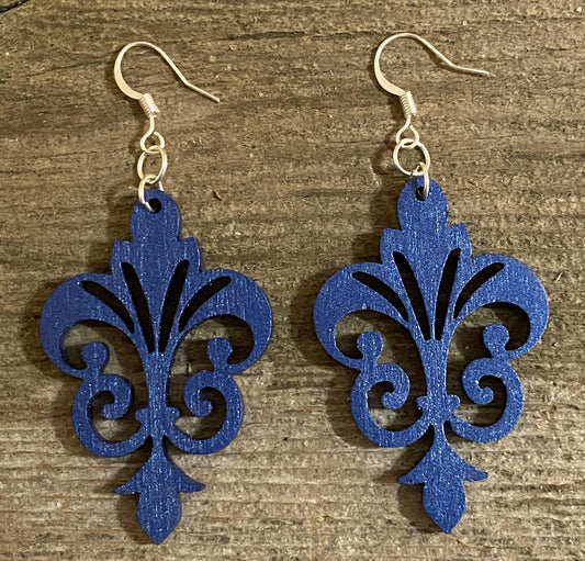 Decorative Wood Earrings, Blue Metallic