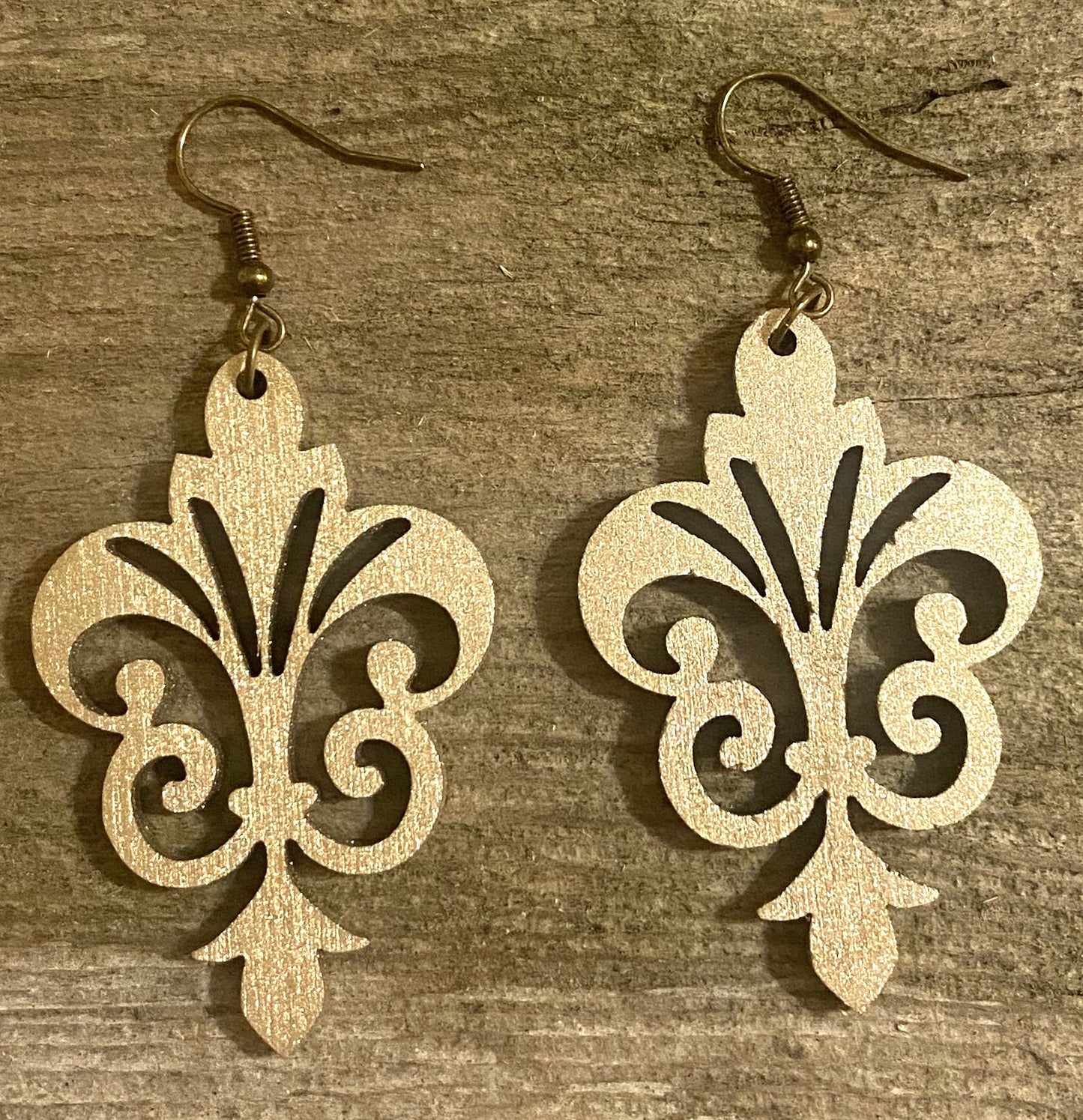 Decorative Wood Earrings, Metallic Old Gold