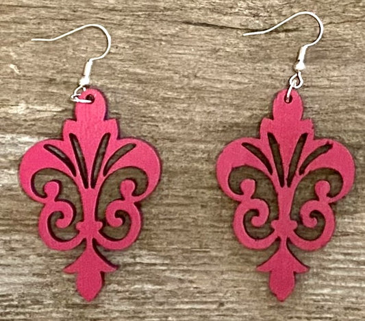 Decorative Wood Earrings, Magenta