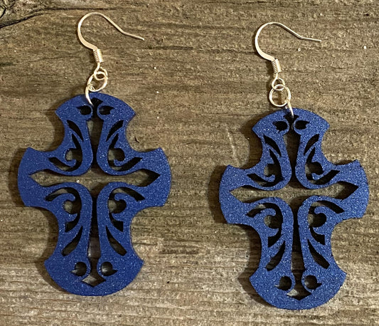 Cross Wood Earrings, Metallic Blue