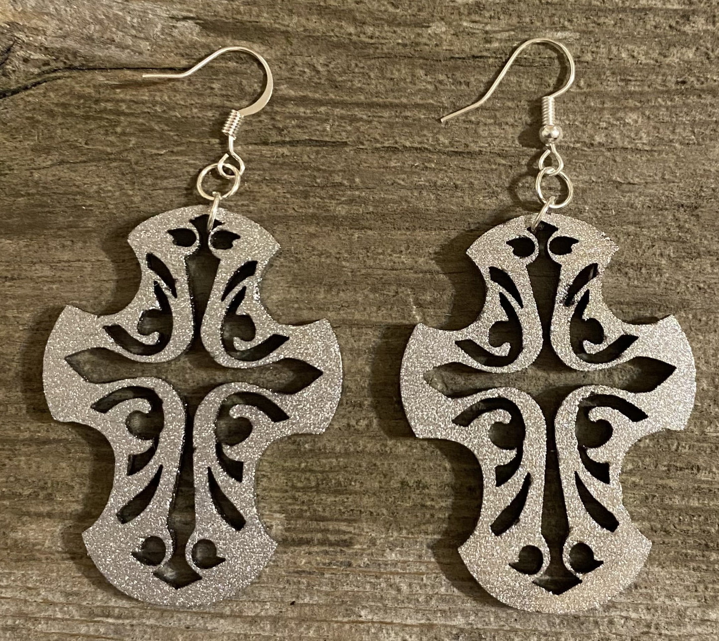 Cross Wood Earrings, Metallic Silver