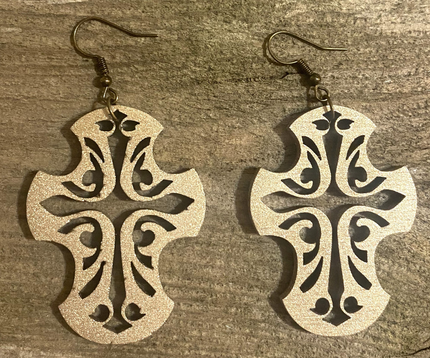 Cross Wood Earrings, Metallic Gold