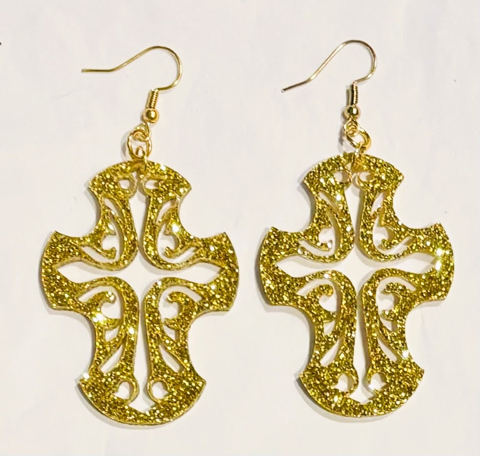 Cross Acrylic Earrings, Gold Glitter