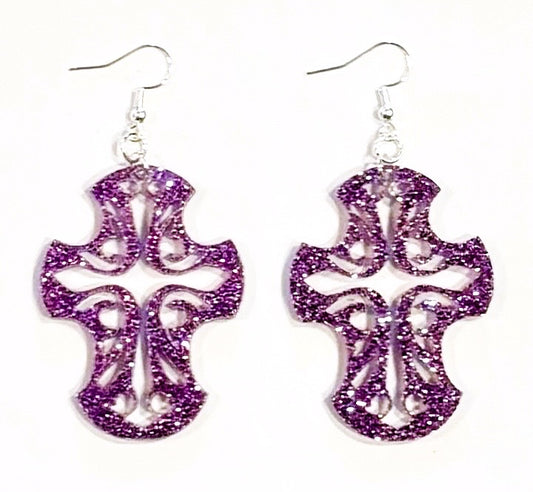 Cross Acrylic Earrings, Lavender Glitter