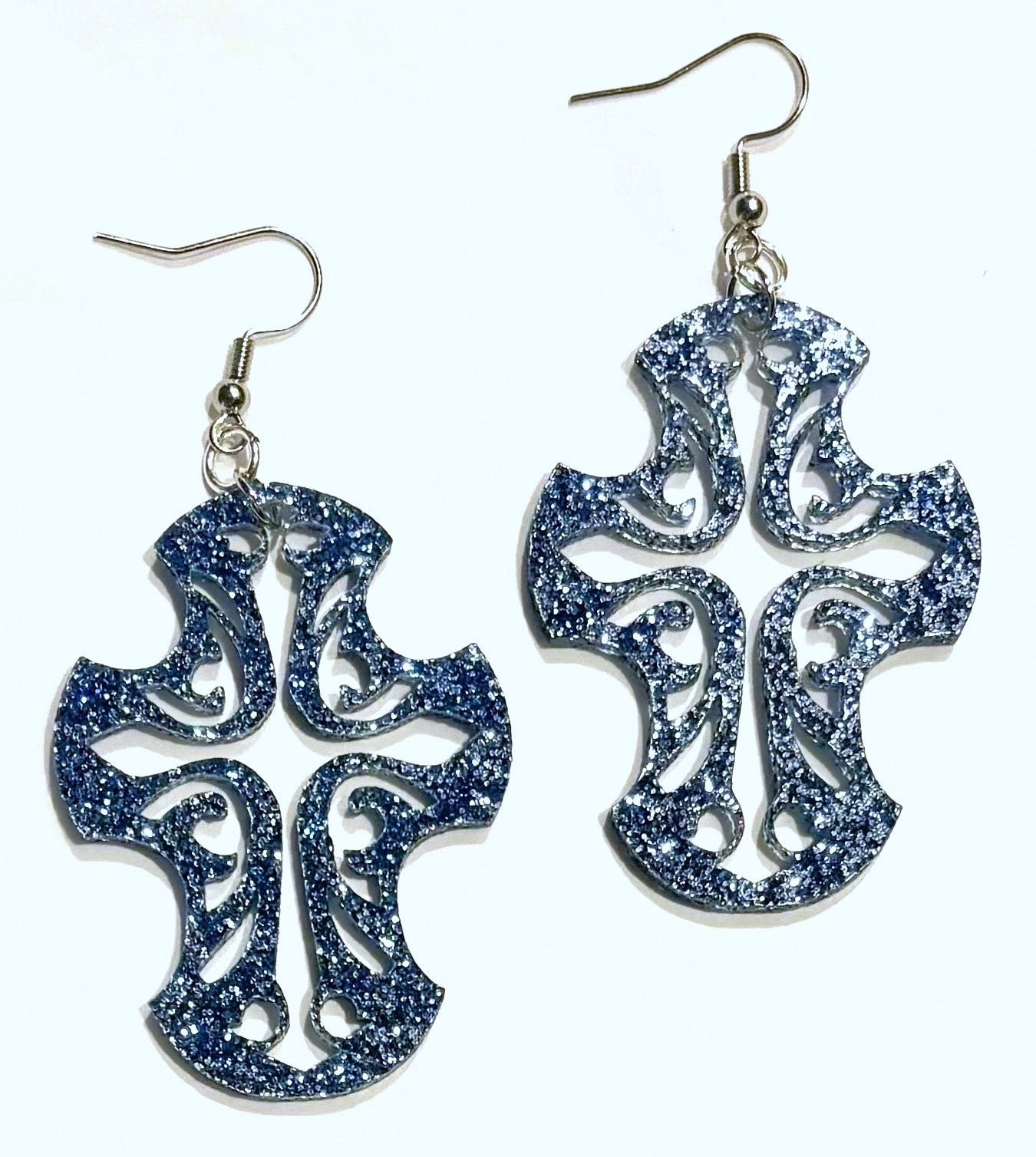 Cross Acrylic Earrings, Blue Glitter