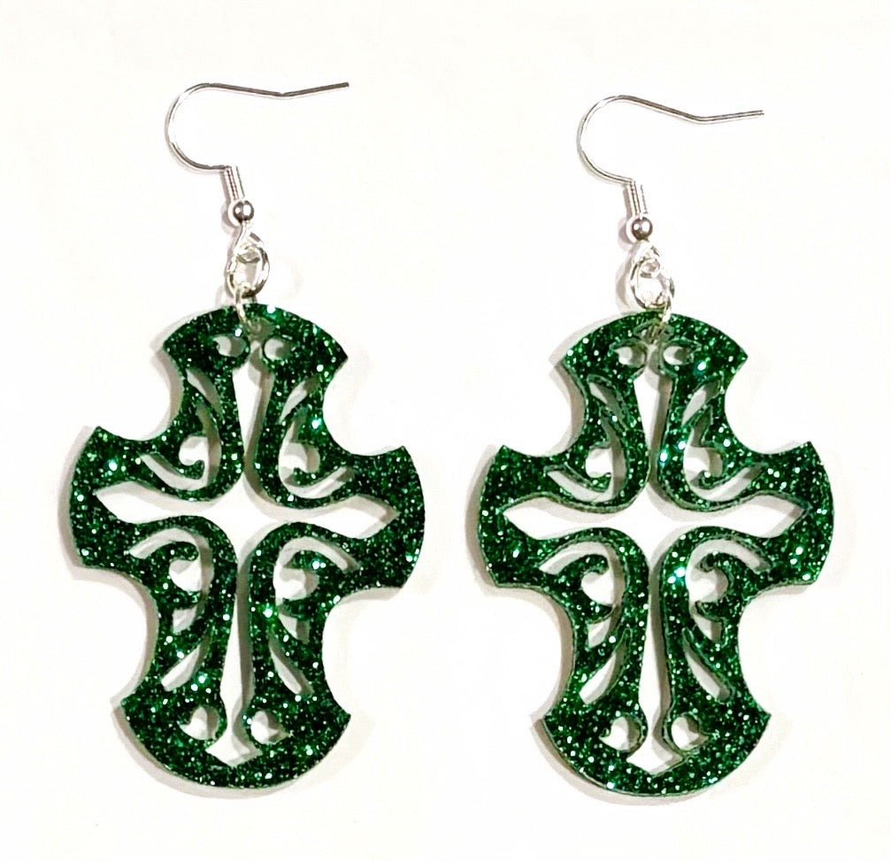 Cross Acrylic Earrings,Ivy Green Glitter