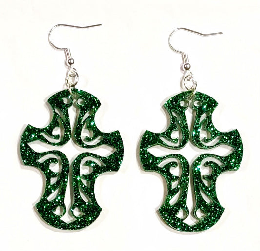 Cross Acrylic Earrings,Ivy Green Glitter