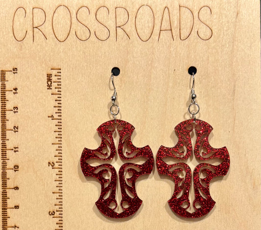 Cross Acrylic Earrings, Red Glitter