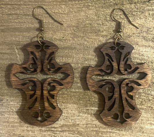 Cross Wood Earrings, Dark Walnut