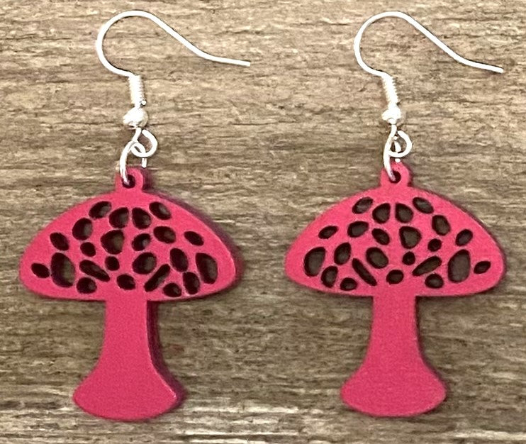 Mushroom Wood Earrings, Magenta