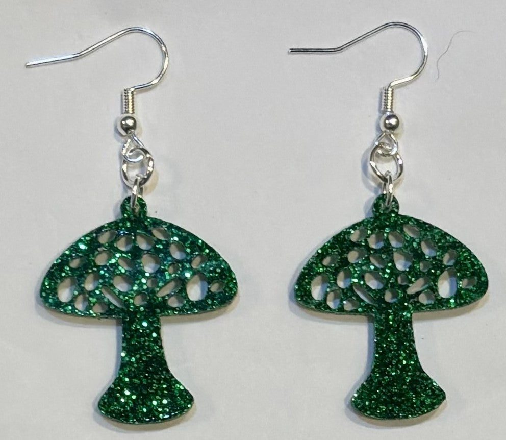 Mushroom Acrylic Earrings, Ivy Green Glitter