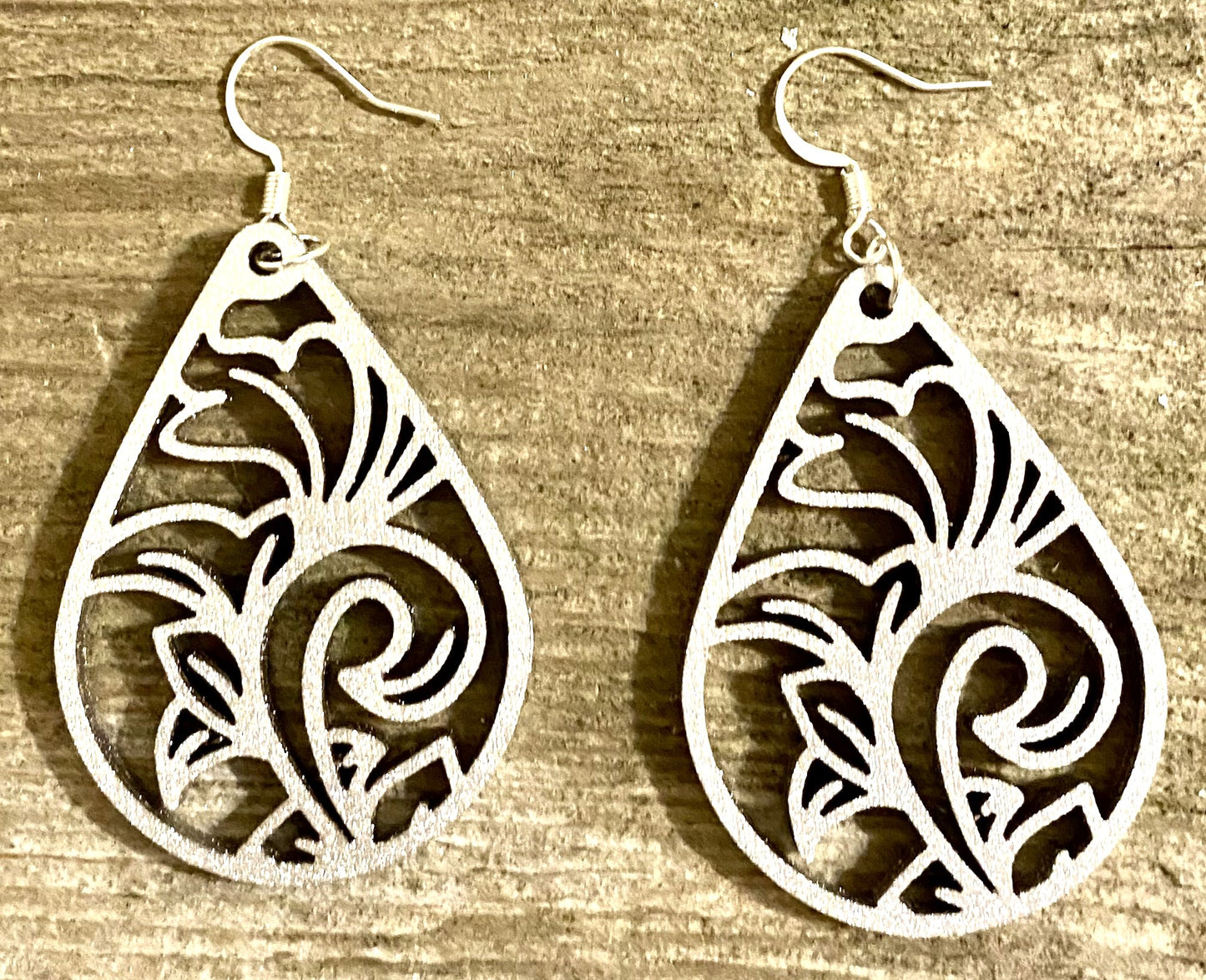 Teardrop Wood Earrings, Metallic Silver