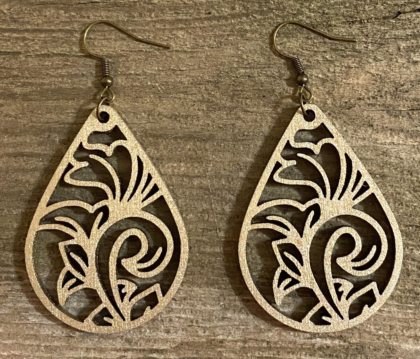 Teardrop Wood Earrings, Old Gold