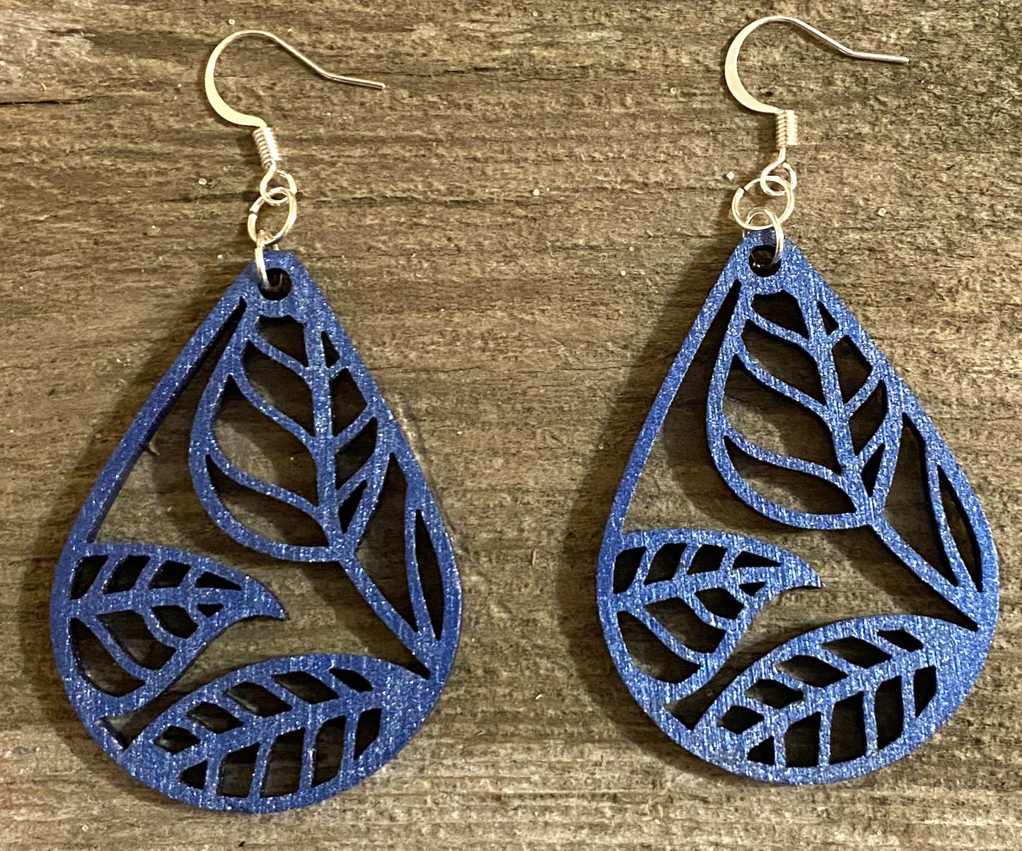 Teardrop Leaf Wood Earrings, Blue Metallic