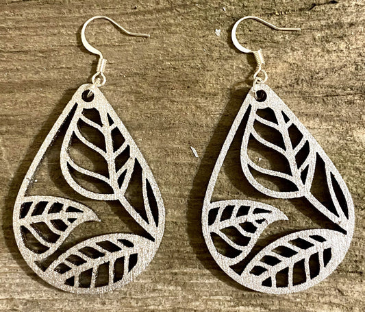 Teardrop Leaf Wood Earrings, Metallic Silver