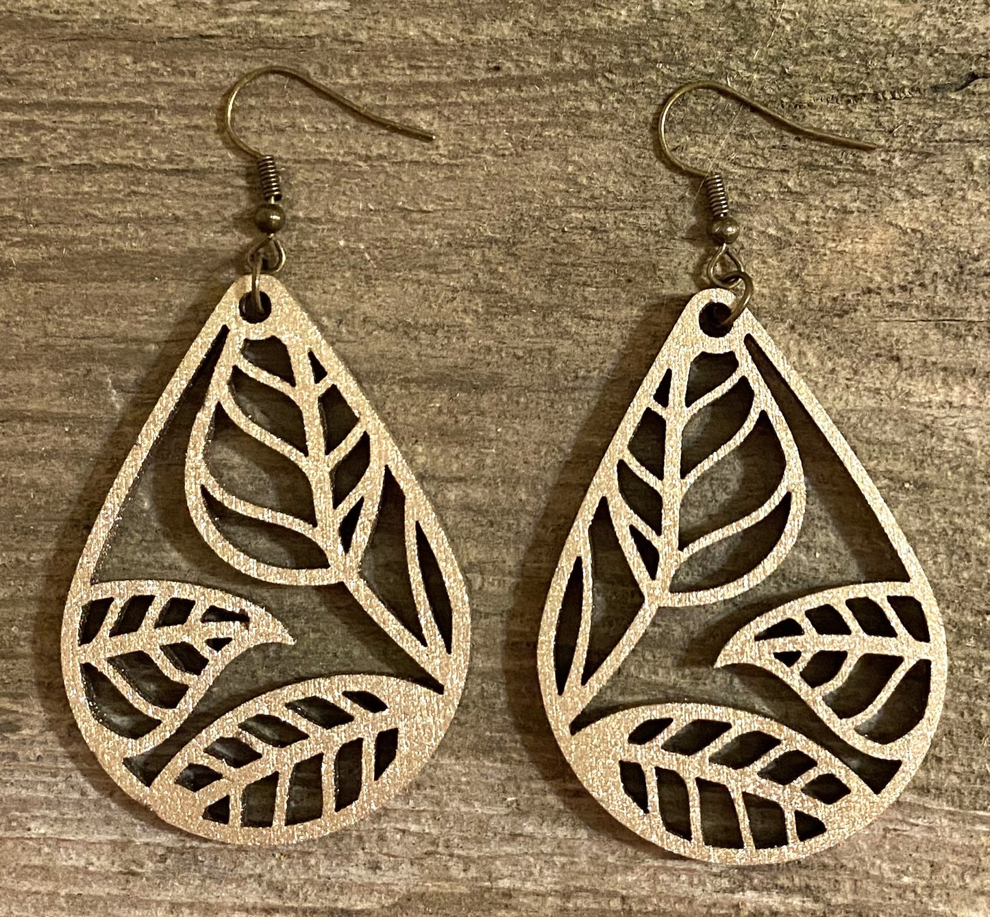 Teardrop Leaf Wood Earrings, Old Gold